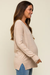 Beige Long Sleeve Side Slit Maternity Sweater