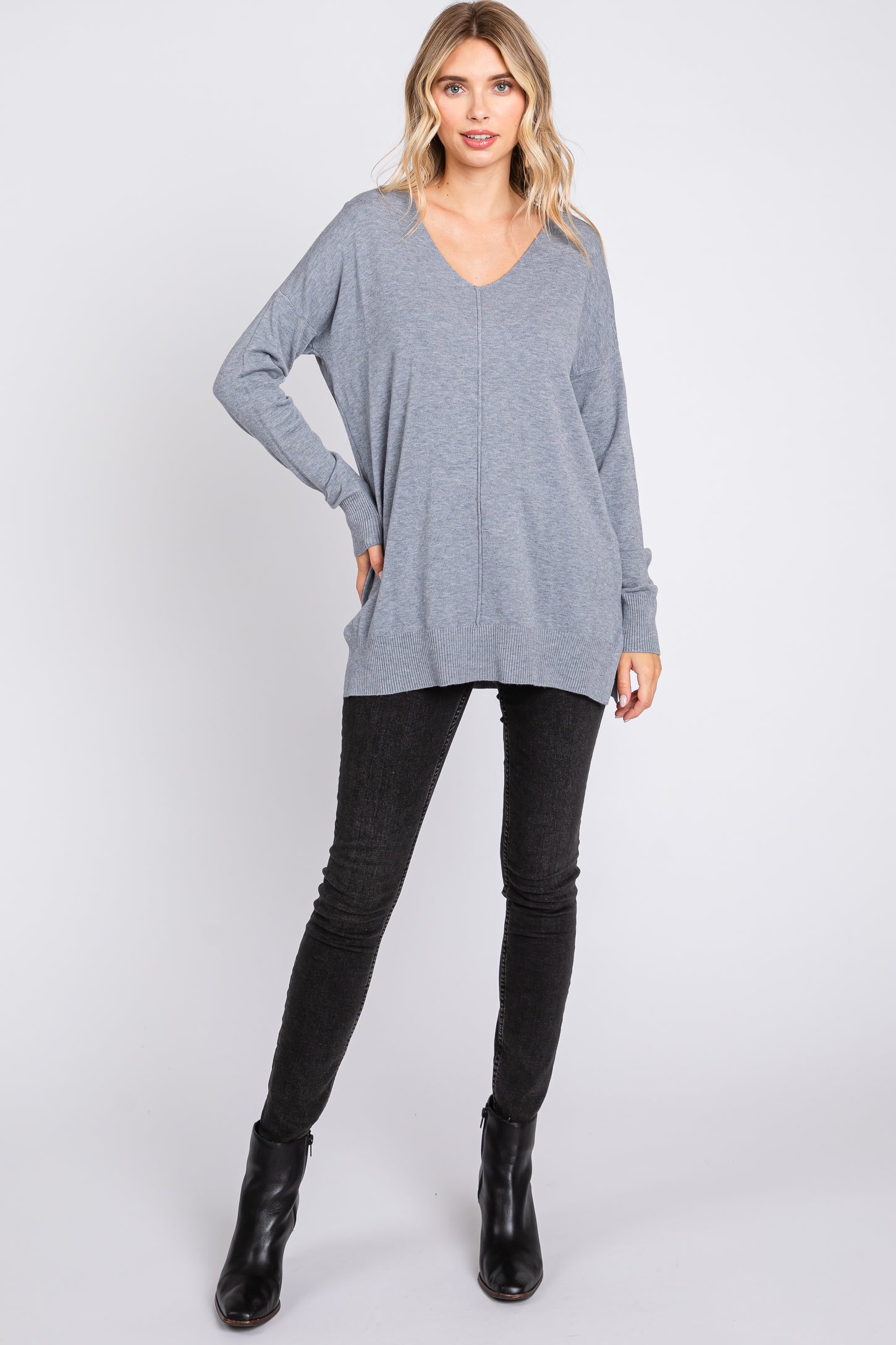 Side Slit Oversized Sweater - Heather Grey