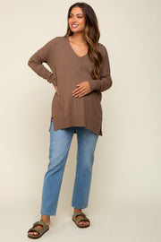 Mocha Long Sleeve Side Slit Maternity Sweater