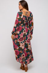 Forest Green Floral Long Sleeve Maternity Midi Dress