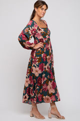 Forest Green Floral Long Sleeve Midi Dress