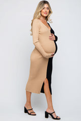 Black Colorblock Rib Knit Maternity Midi Dress