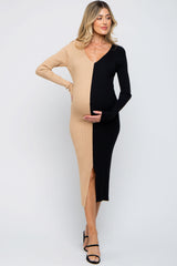 Black Colorblock Rib Knit Maternity Midi Dress