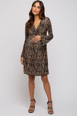 Taupe Printed Plisse Maternity Dress