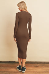 Mocha Ribbed Button Front Long Sleeve Dress