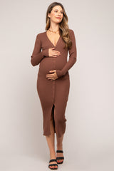 Mocha Ribbed Button Front Long Sleeve Maternity Dress