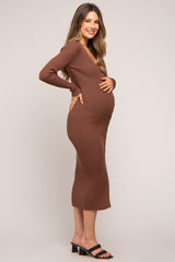 Mocha Ribbed Button Front Long Sleeve Maternity Dress