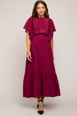 Burgundy Ruffle Pleated Maternity Maxi Dress