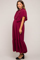 Burgundy Ruffle Pleated Maternity Maxi Dress