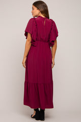 Burgundy Ruffle Pleated Maternity Maxi Dress