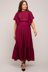 Burgundy Ruffle Pleated Maternity Maxi Dress