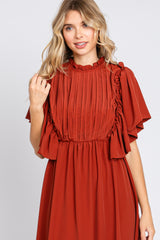 Rust Ruffle Pleated Maxi Dress