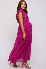 Fuchsia Animal Print Ruffle Mock Neck Tiered Maternity Midi Dress