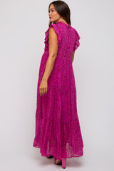 Fuchsia Animal Print Ruffle Mock Neck Tiered Maternity Midi Dress