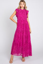 Fuchsia Animal Print Ruffle Mock Neck Tiered Midi Dress