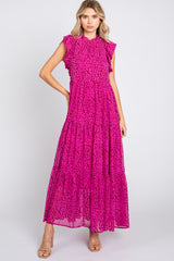 Fuchsia Animal Print Ruffle Mock Neck Tiered Maternity Midi Dress