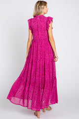 Fuchsia Animal Print Ruffle Mock Neck Tiered Midi Dress