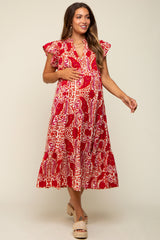 Red Paisley Flutter Sleeve Button Front Tiered Maternity Midi Dress