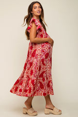 Red Paisley Flutter Sleeve Button Front Tiered Maternity Midi Dress