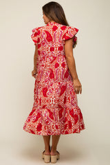 Red Paisley Flutter Sleeve Button Front Tiered Maternity Midi Dress