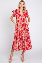 Red Paisley Flutter Sleeve Button Front Tiered Maternity Midi Dress