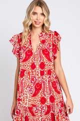 Red Paisely Flutter Sleeve Button Front Tiered Midi Dress