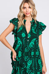 Green Paisely Flutter Sleeve Button Front Tiered Midi Dress