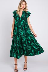 Green Paisely Flutter Sleeve Button Front Tiered Midi Dress