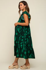 Green Paisley Flutter Sleeve Button Front Tiered Maternity Midi Dress