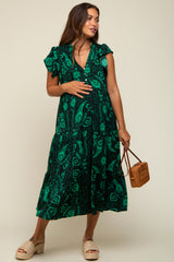 Green Paisley Flutter Sleeve Button Front Tiered Maternity Midi Dress