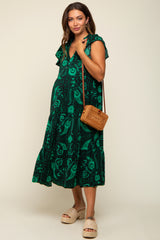 Green Paisley Flutter Sleeve Button Front Tiered Maternity Midi Dress