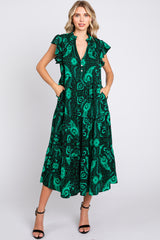 Green Paisely Flutter Sleeve Button Front Tiered Midi Dress