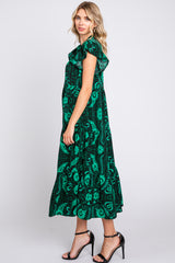 Green Paisely Flutter Sleeve Button Front Tiered Midi Dress