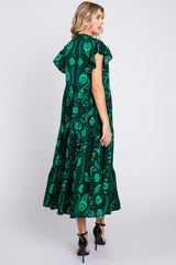 Green Paisely Flutter Sleeve Button Front Tiered Midi Dress