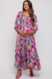 Lavender Floral Smocked Square Neck Maternity Midi Dress