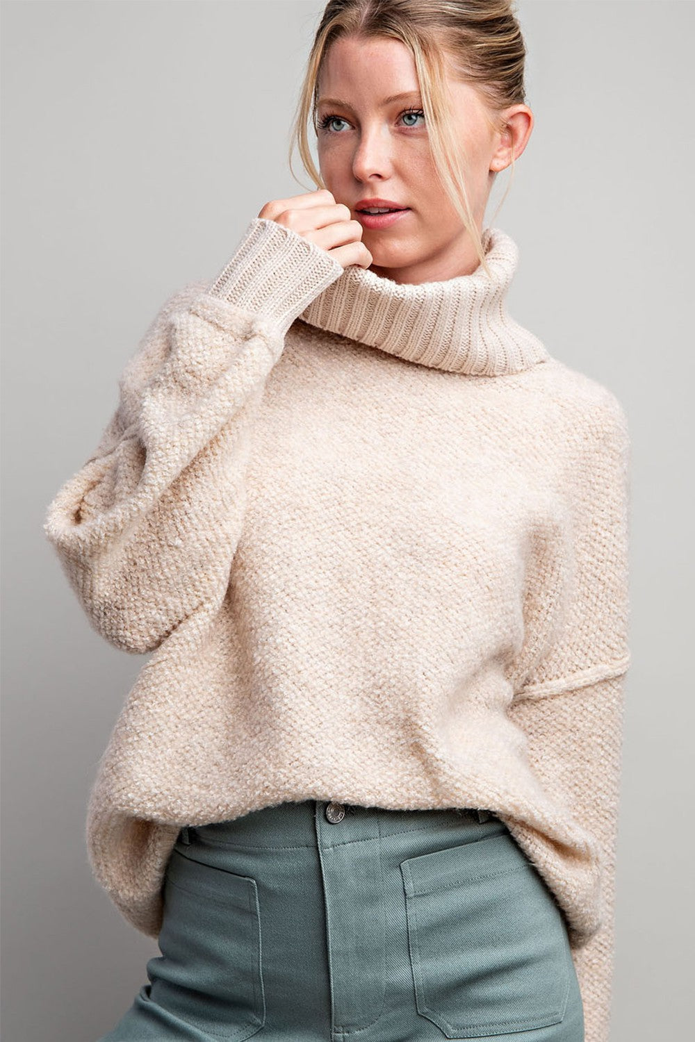 Cream Turtleneck Boucle Sweater