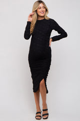 Black Textured Ruched Maternity Midi Dress