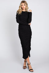 Black Textured Ruched Midi Dress