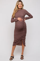 Brown Textured Ruched Maternity Midi Dress