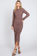 Brown Textured Ruched Midi Dress