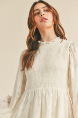 Cream Smocked Jacquard Burnout Mini Dress