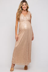 Beige Sequin Sleeveless Wrap V-Neck Maternity Gown