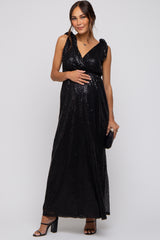 Black Sequin Sleeveless Wrap V-Neck Maternity Gown