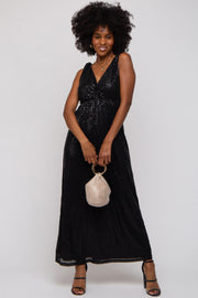 Black Sequin Sleeveless Wrap V-Neck Gown