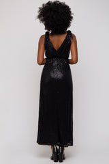 Black Sequin Sleeveless Wrap V-Neck Gown