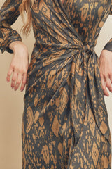 Charcoal Printed Midi Shirt Wrap Dress