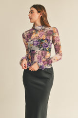 Purple Floral Sheer Floral Mock Neck Top