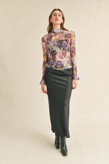 Purple Floral Sheer Floral Mock Neck Top