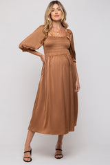 Mocha Satin Smocked Maternity Midi Dress