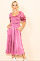 Mauve Satin Smocked Maternity Midi Dress